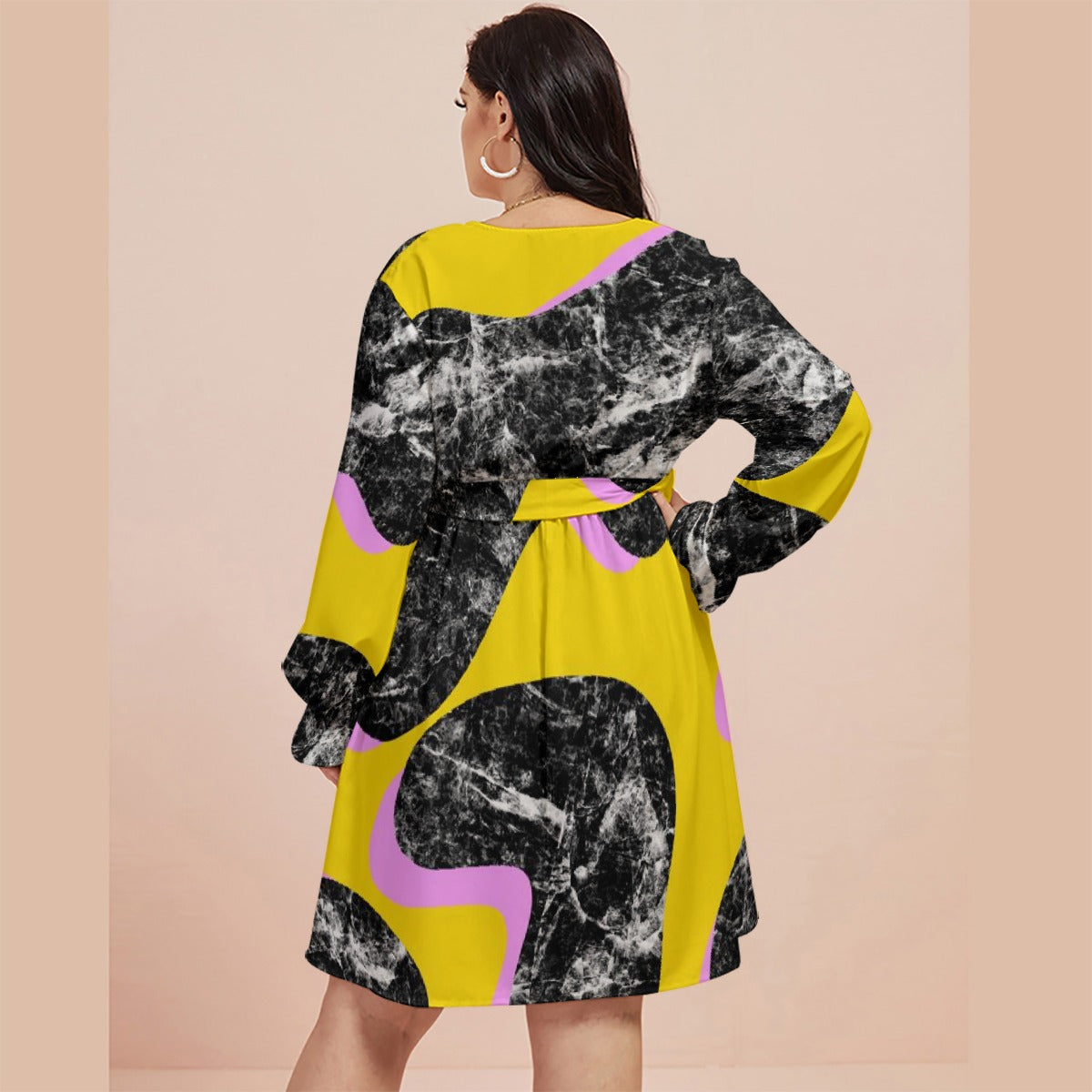 All-Over Print Women's V-neck Dress With Waistband(Plus Size)