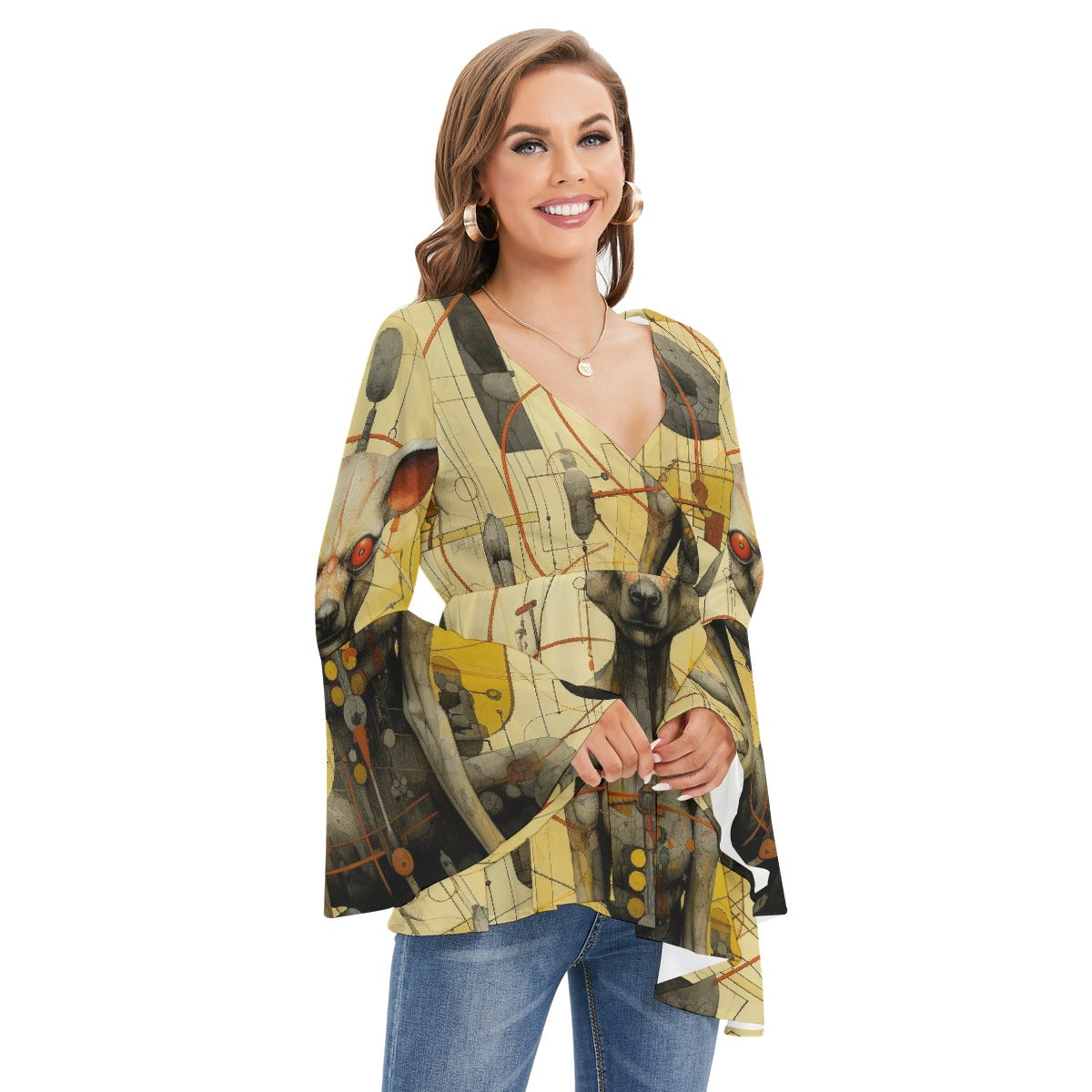 All-Over Print Women's V-neck Blouse With Flared Sleeves