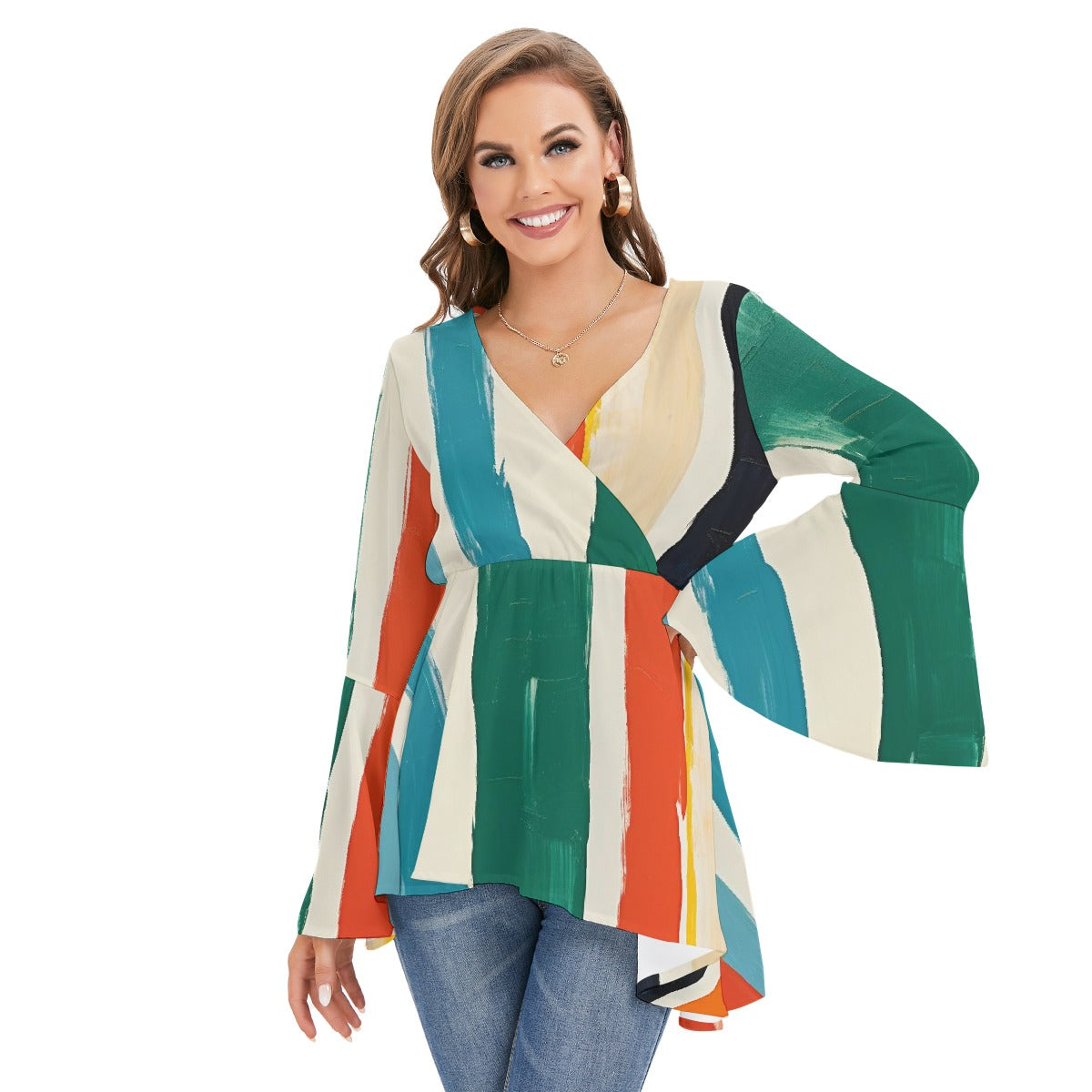 All-Over Print Women's V-neck Blouse With Flared Sleeves