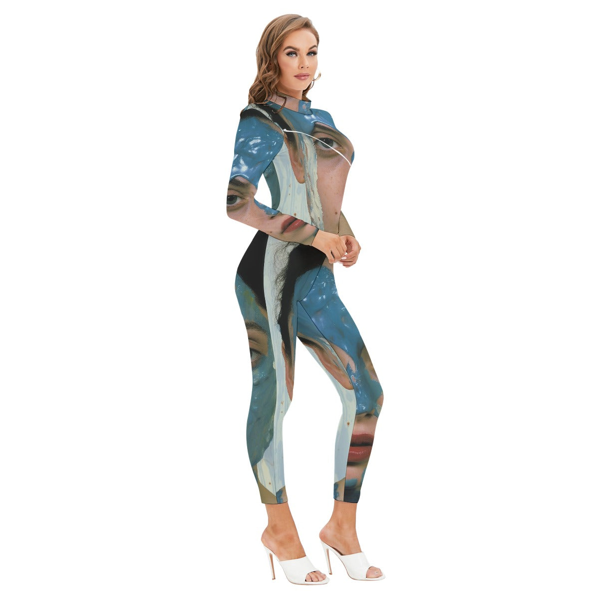 All-Over Print Women's Long-sleeved High-neck Jumpsuit With Zipper