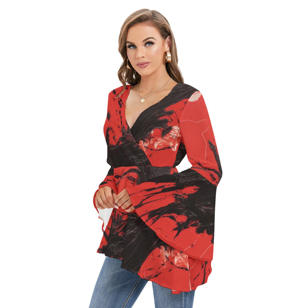All-Over Print Women's V-neck Blouse With Flared Sleeves