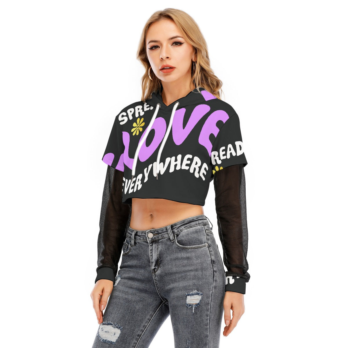 All-Over Print Women's Fake Two-piece Mesh Sleeve Cropped Hoodie