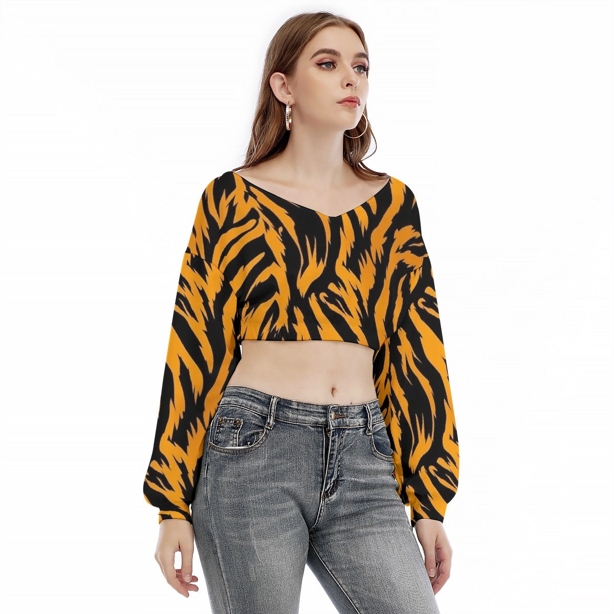 All-Over Print Women's V-neck Long Sleeve Cropped Sweatshirt