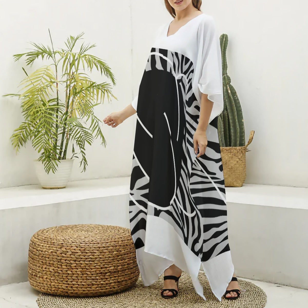 All-Over Print Women's Imitation Silk V-neck Kaftan Robe
