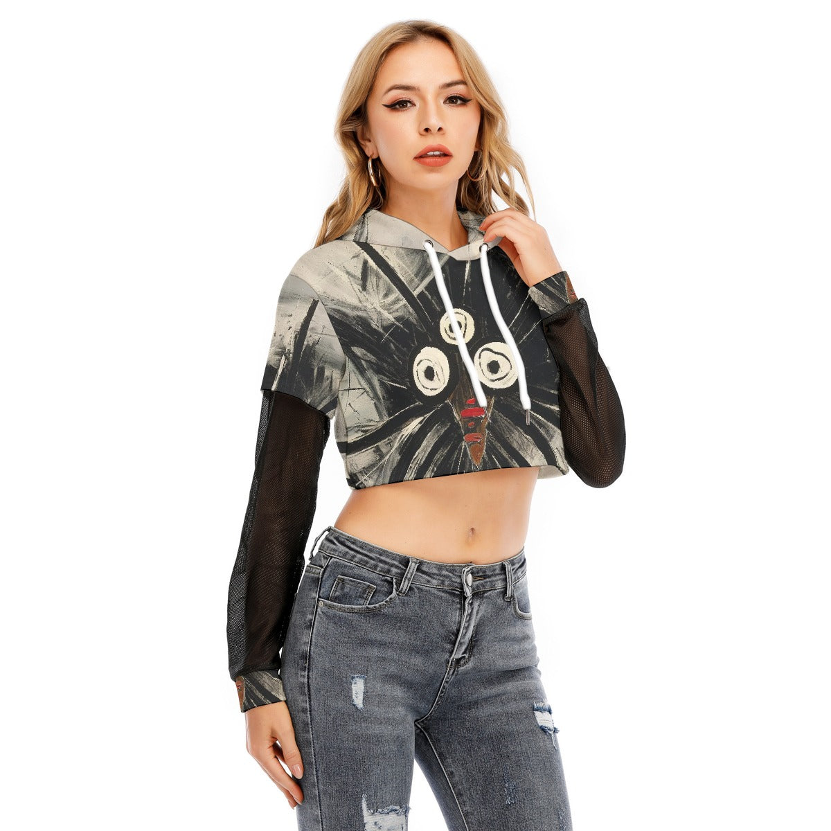 All-Over Print Women's Fake Two-piece Mesh Sleeve Cropped Hoodie