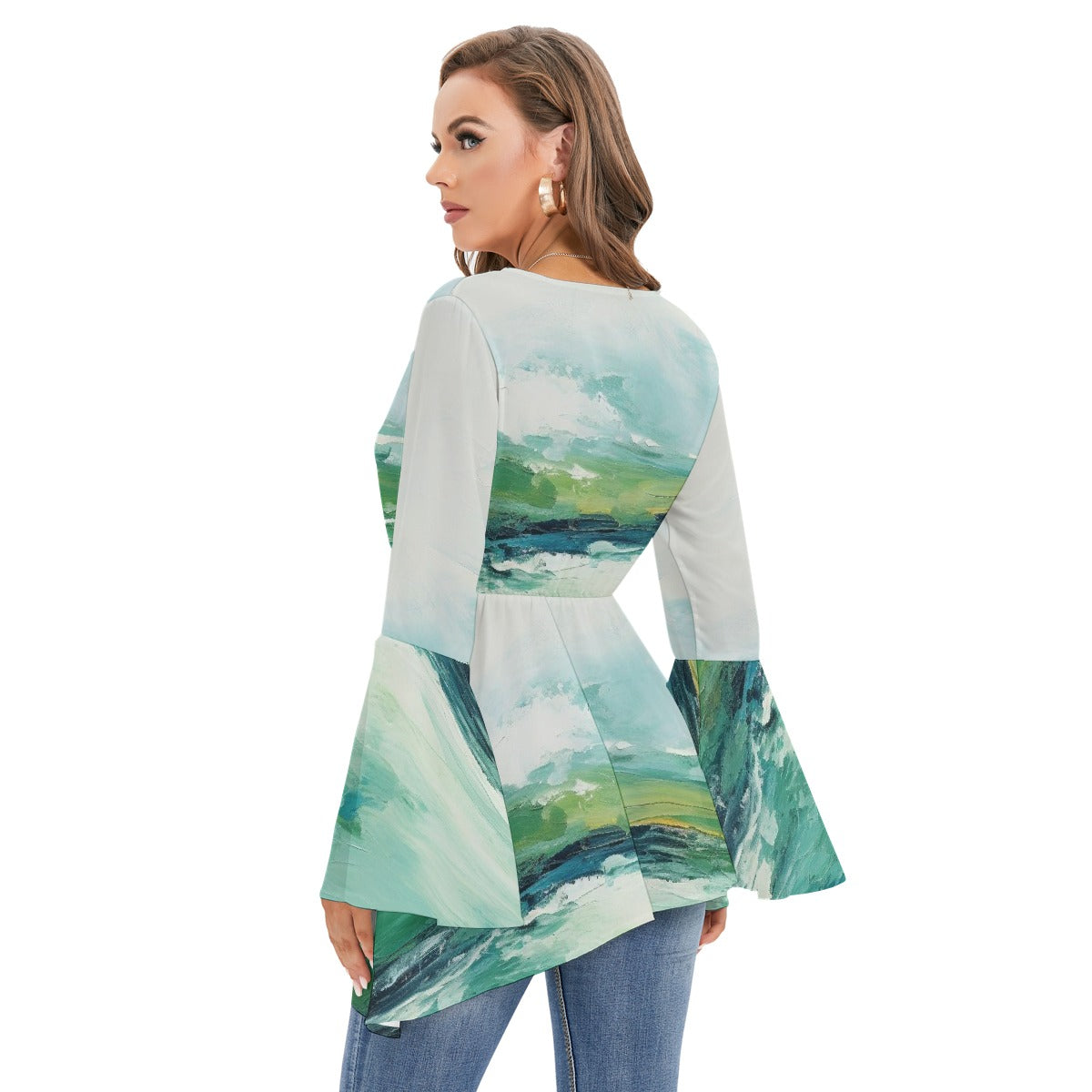 All-Over Print Women's V-neck Blouse With Flared Sleeves