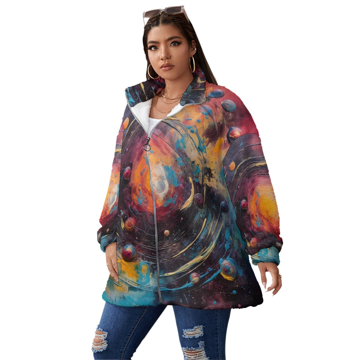 All-Over Print Unisex Borg Fleece Stand-up Collar Coat With Zipper Closure(Plus Size)