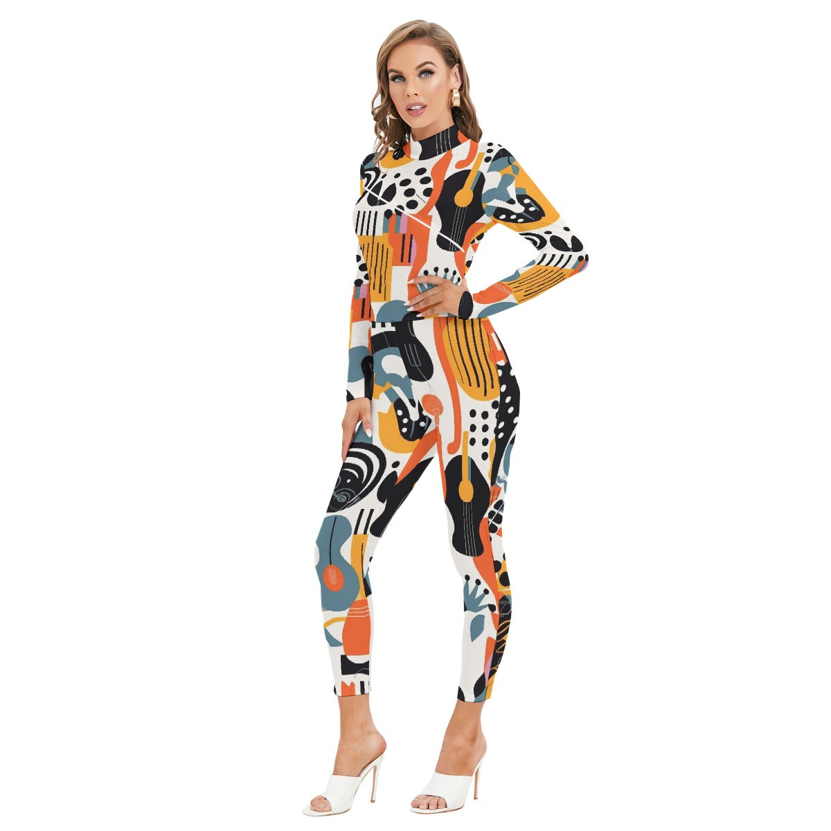All-Over Print Women's Long-sleeved High-neck Jumpsuit With Zipper