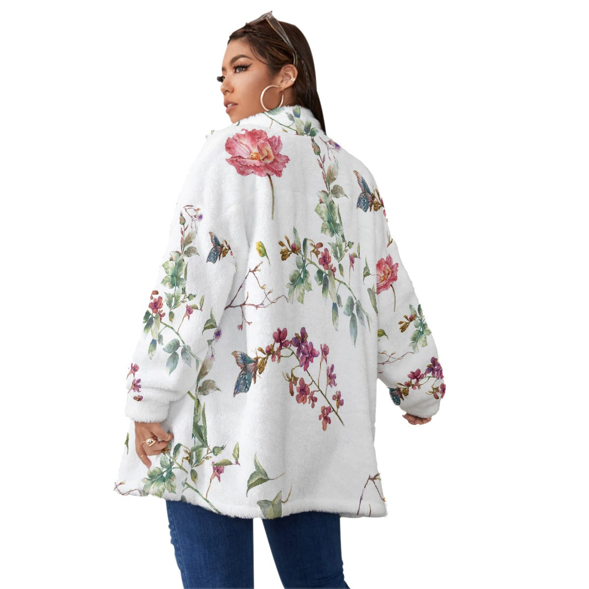 All-Over Print Unisex Borg Fleece Stand-up Collar Coat With Zipper Closure(Plus Size)