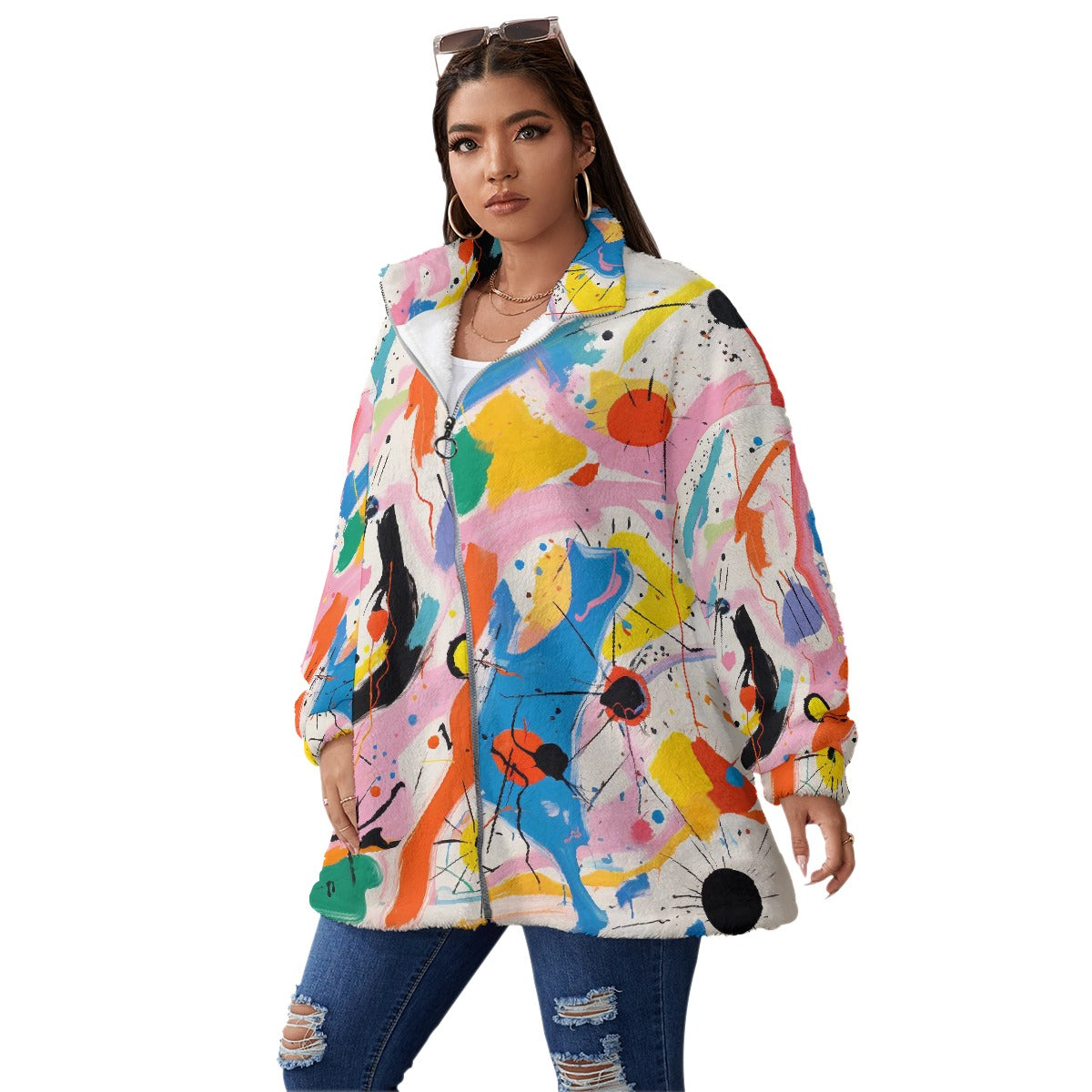 All-Over Print Unisex Borg Fleece Stand-up Collar Coat With Zipper Closure(Plus Size)