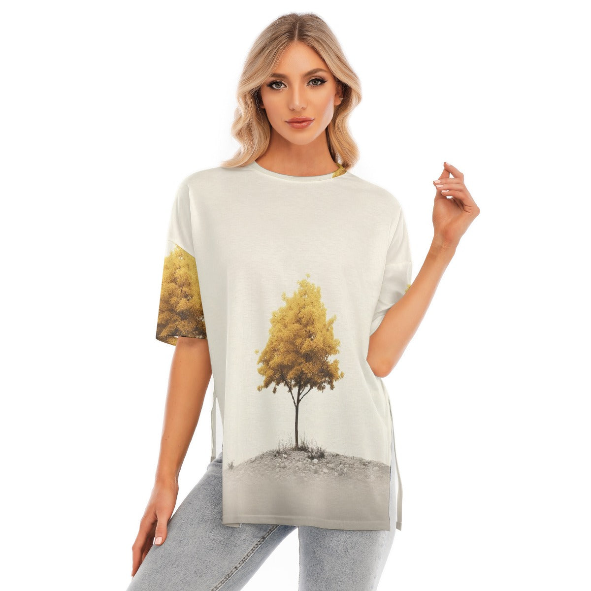 All-Over Print Women's Short Sleeves T-shirt With Hem Split