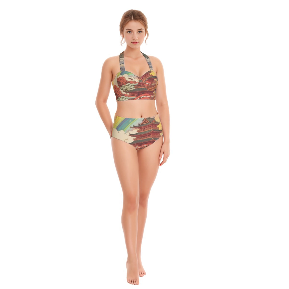 All-Over Print Women's Swimsuit Set With Halter