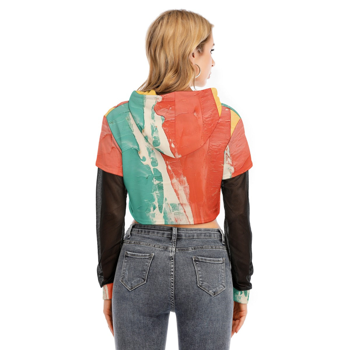 All-Over Print Women's Fake Two-piece Mesh Sleeve Cropped Hoodie