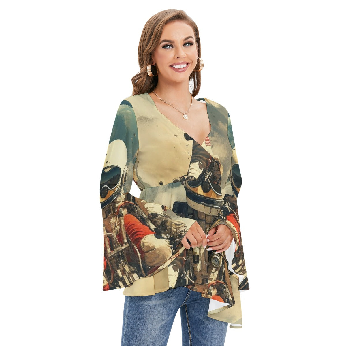 All-Over Print Women's V-neck Blouse With Flared Sleeves