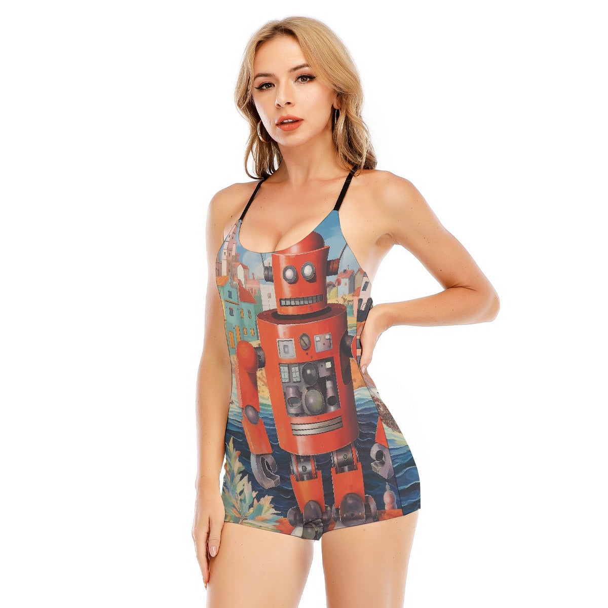 All-Over Print Women's Backless Romper With Black Straps