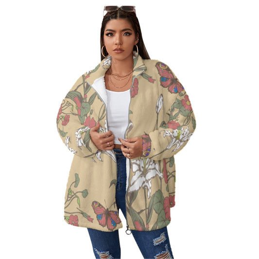 All-Over Print Unisex Borg Fleece Stand-up Collar Coat With Zipper Closure(Plus Size)