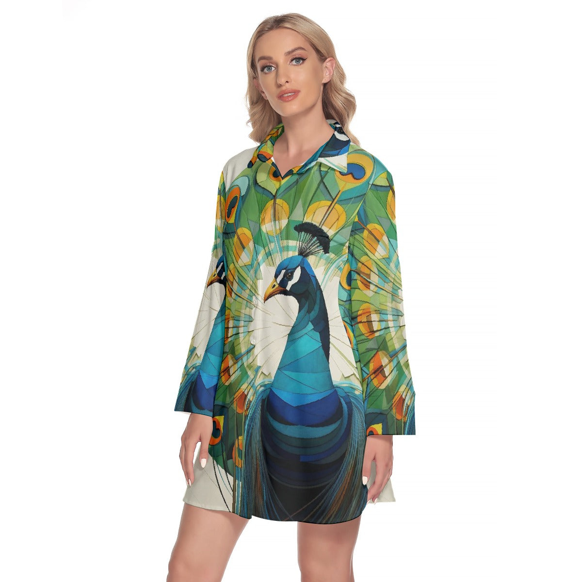 All-Over Print Women's Lapel Shirt Dress With Long Sleeve