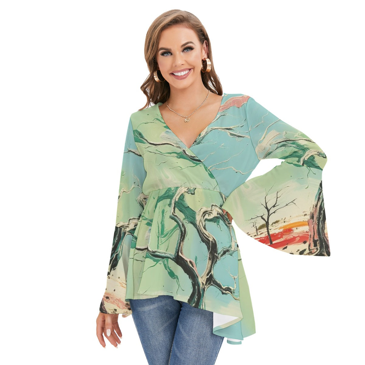 All-Over Print Women's V-neck Blouse With Flared Sleeves