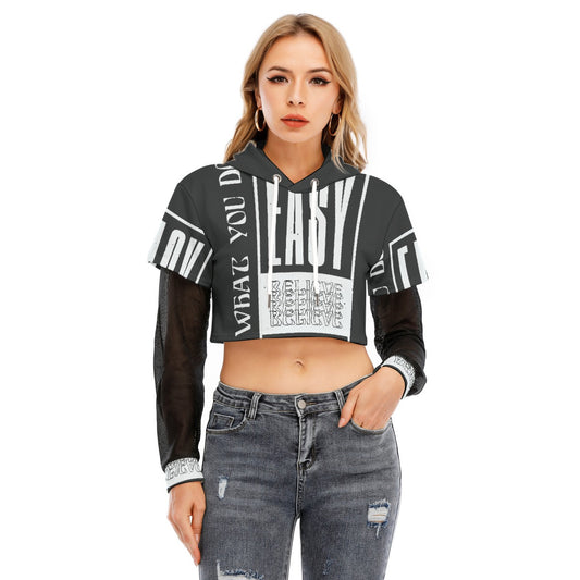 All-Over Print Women's Fake Two-piece Mesh Sleeve Cropped Hoodie