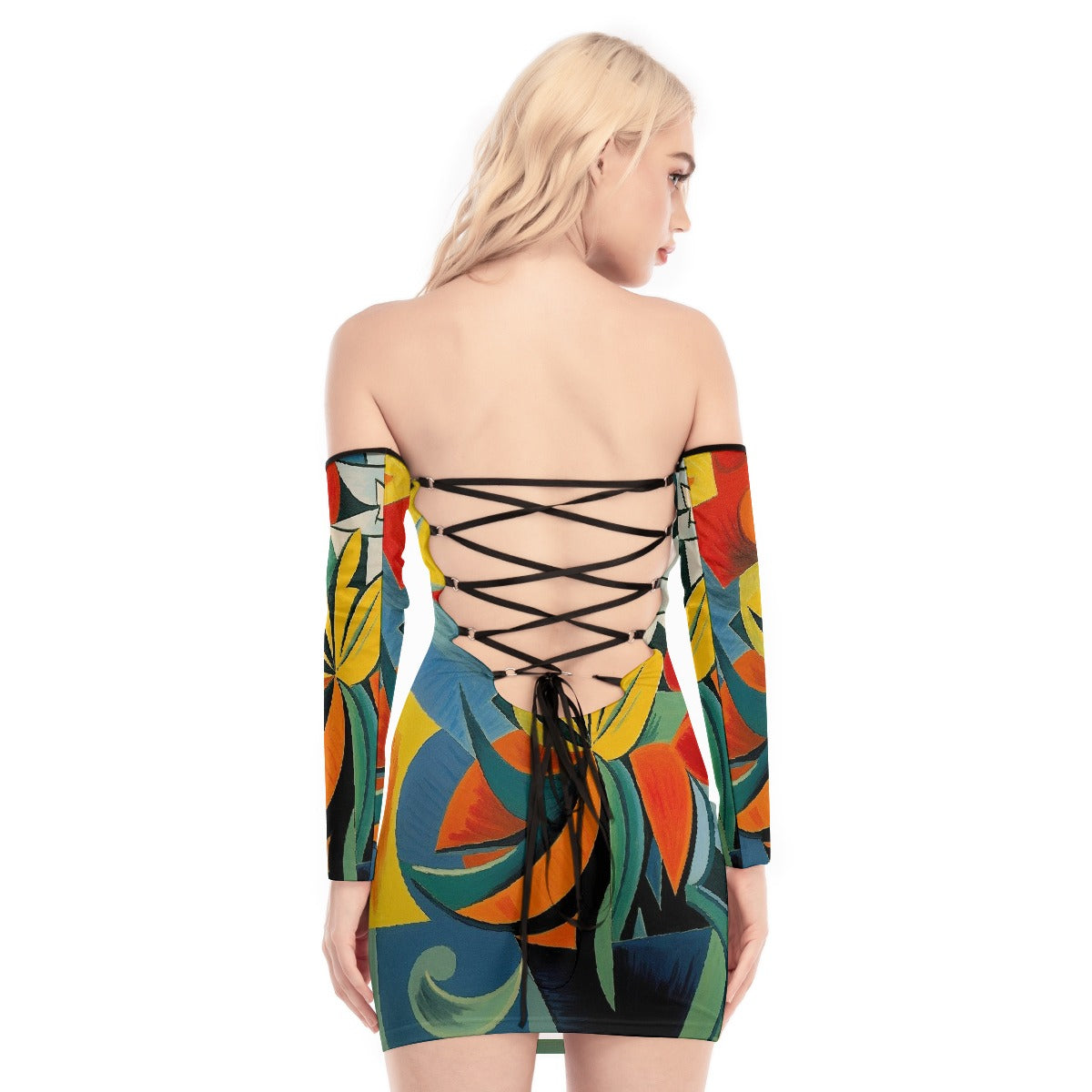 All-Over Print Women's Off-shoulder Back Lace-up Dress