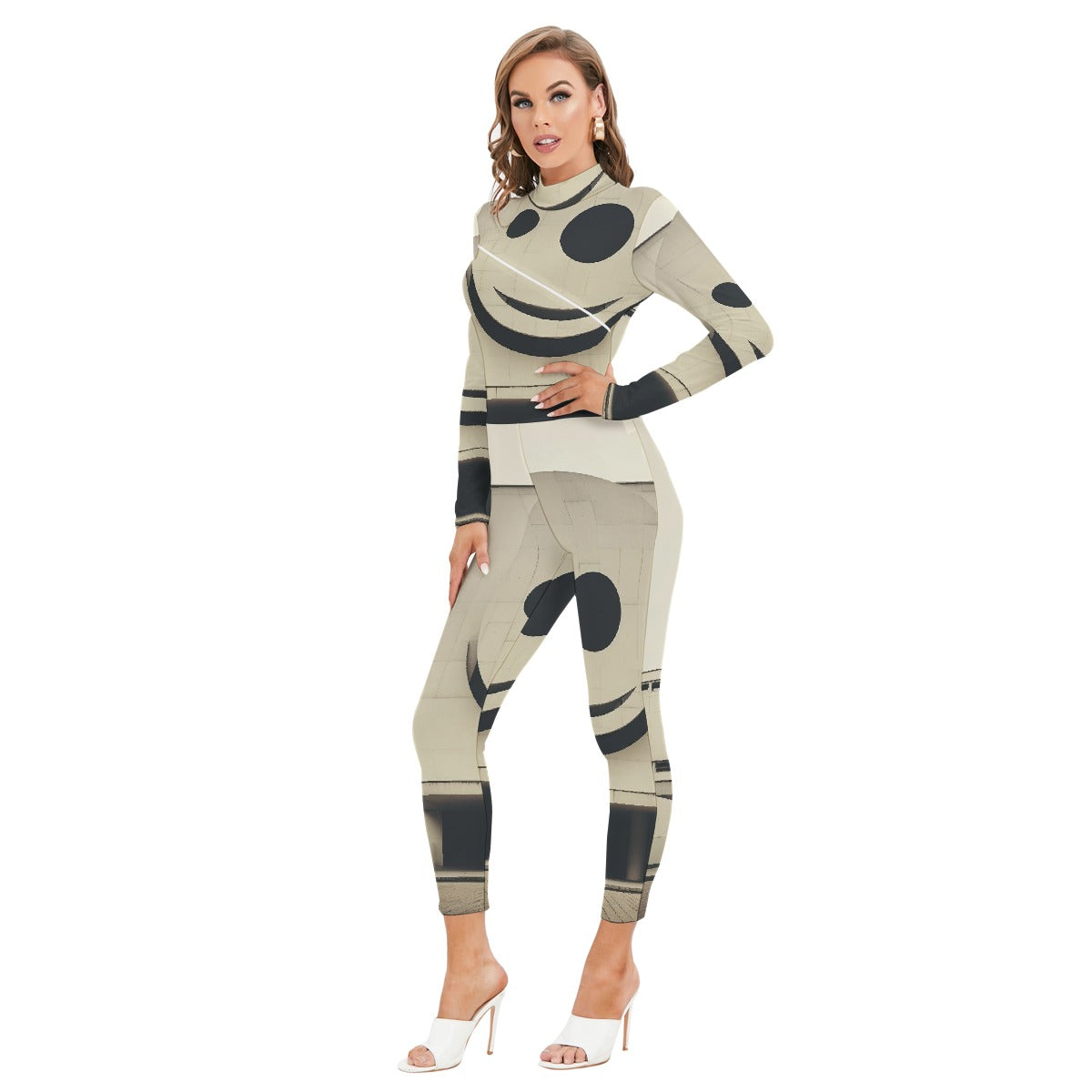 All-Over Print Women's Long-sleeved High-neck Jumpsuit With Zipper