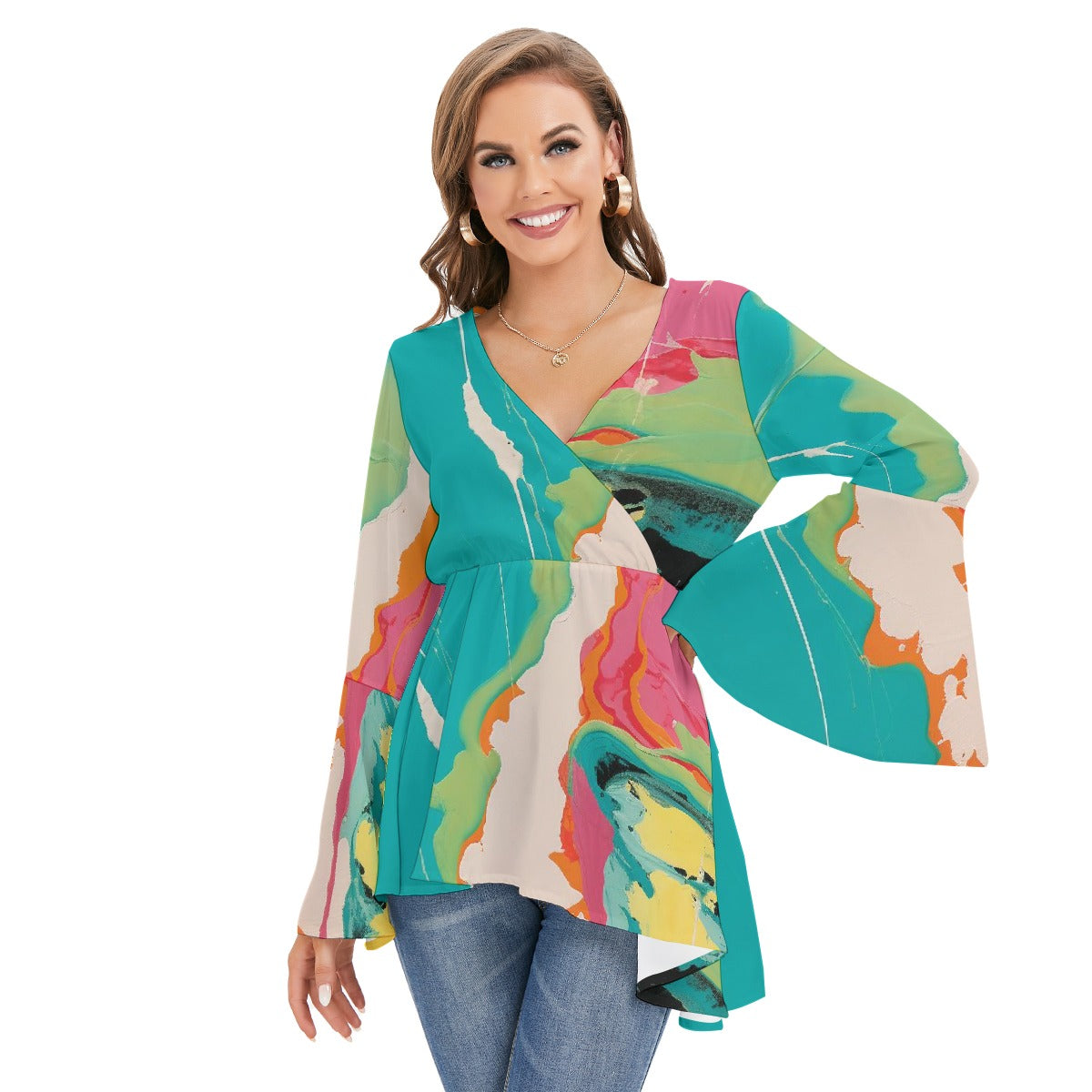 All-Over Print Women's V-neck Blouse With Flared Sleeves