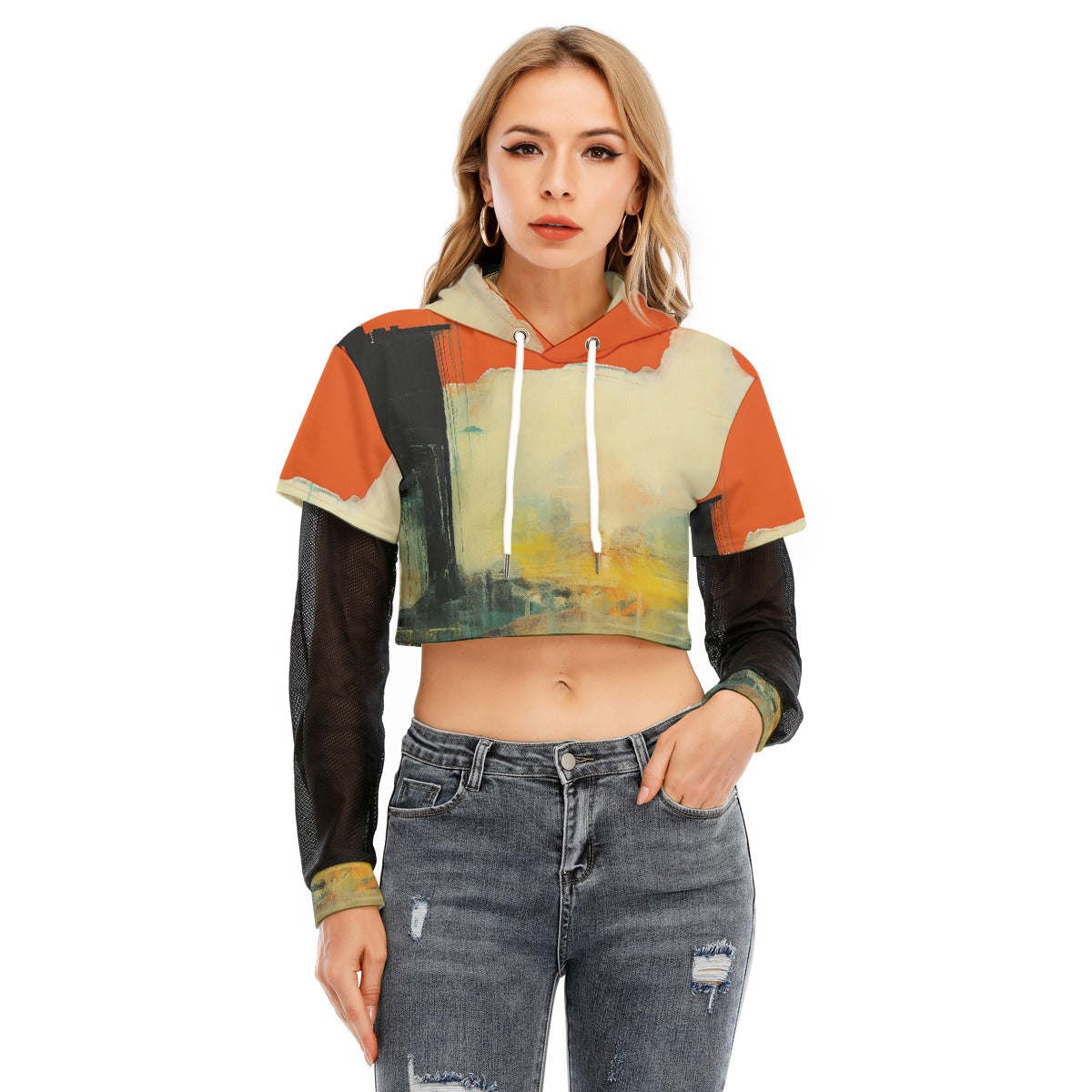 All-Over Print Women's Fake Two-piece Mesh Sleeve Cropped Hoodie
