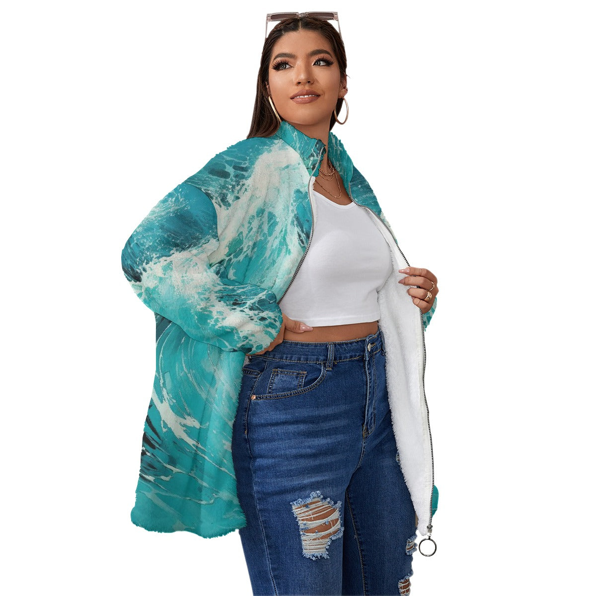 All-Over Print Unisex Borg Fleece Stand-up Collar Coat With Zipper Closure(Plus Size)