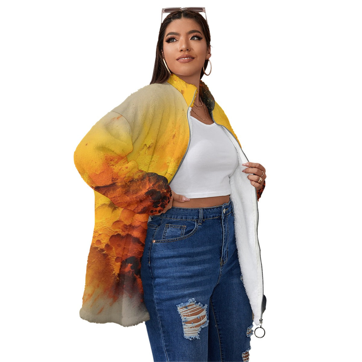 All-Over Print Unisex Borg Fleece Stand-up Collar Coat With Zipper Closure(Plus Size)