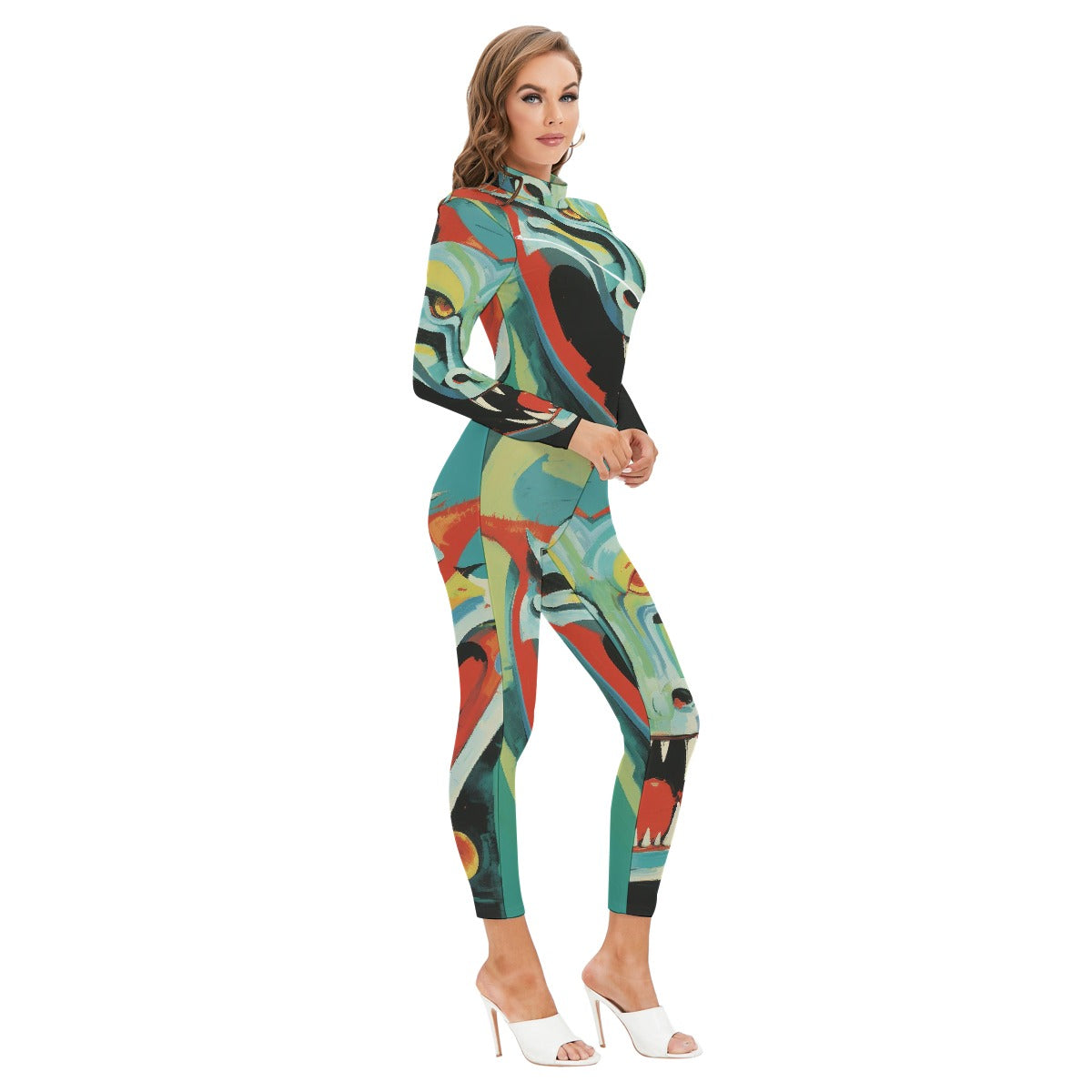 All-Over Print Women's Long-sleeved High-neck Jumpsuit With Zipper
