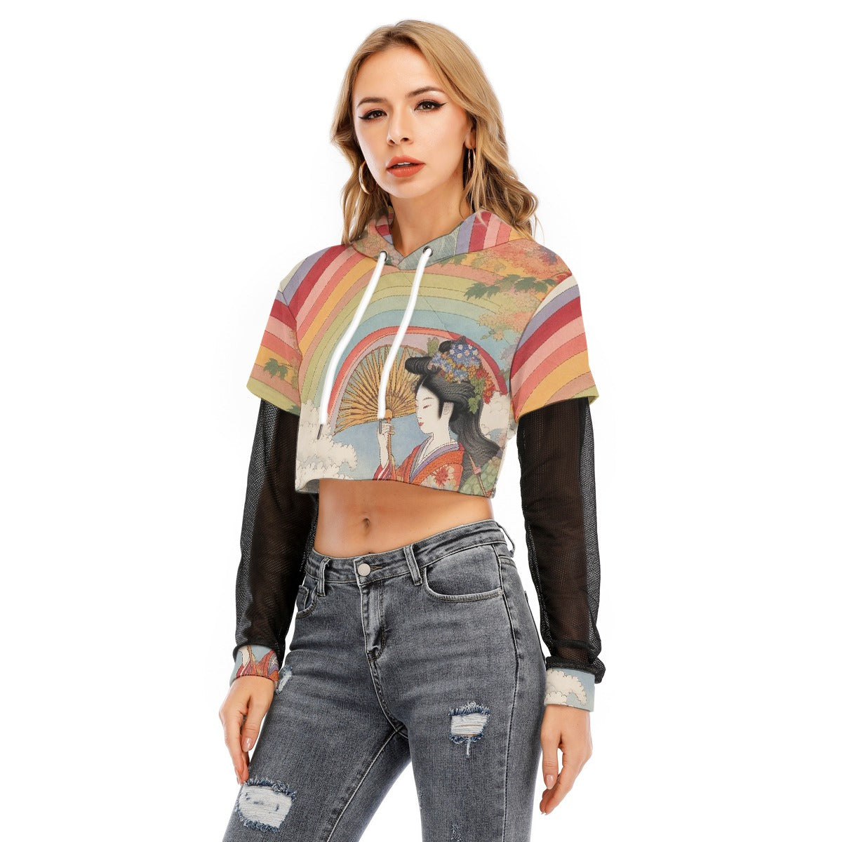 All-Over Print Women's Fake Two-piece Mesh Sleeve Cropped Hoodie