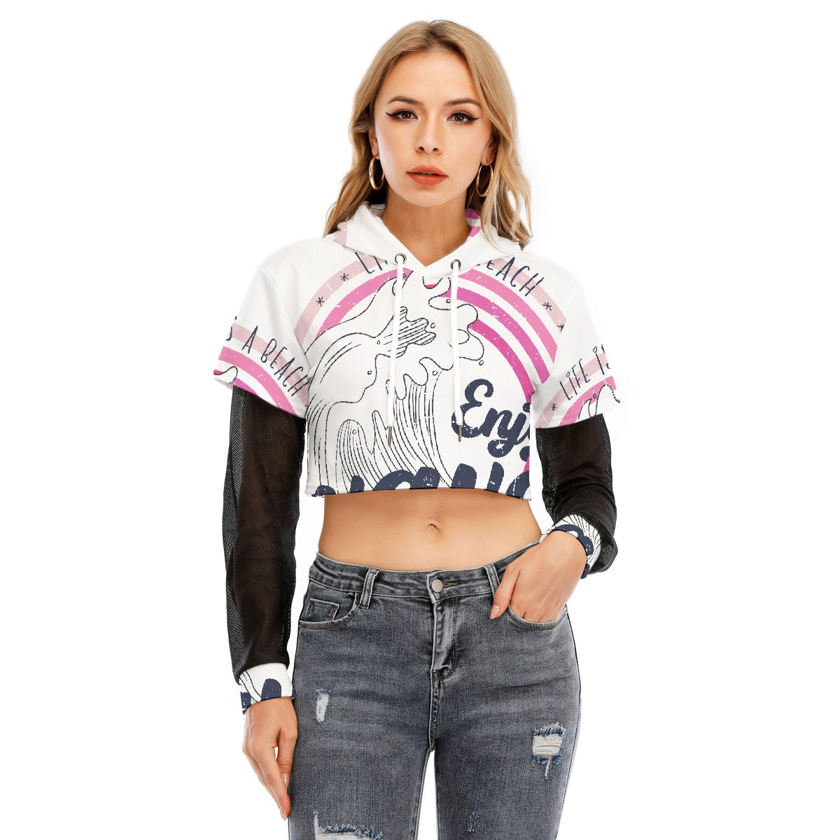 All-Over Print Women's Fake Two-piece Mesh Sleeve Cropped Hoodie
