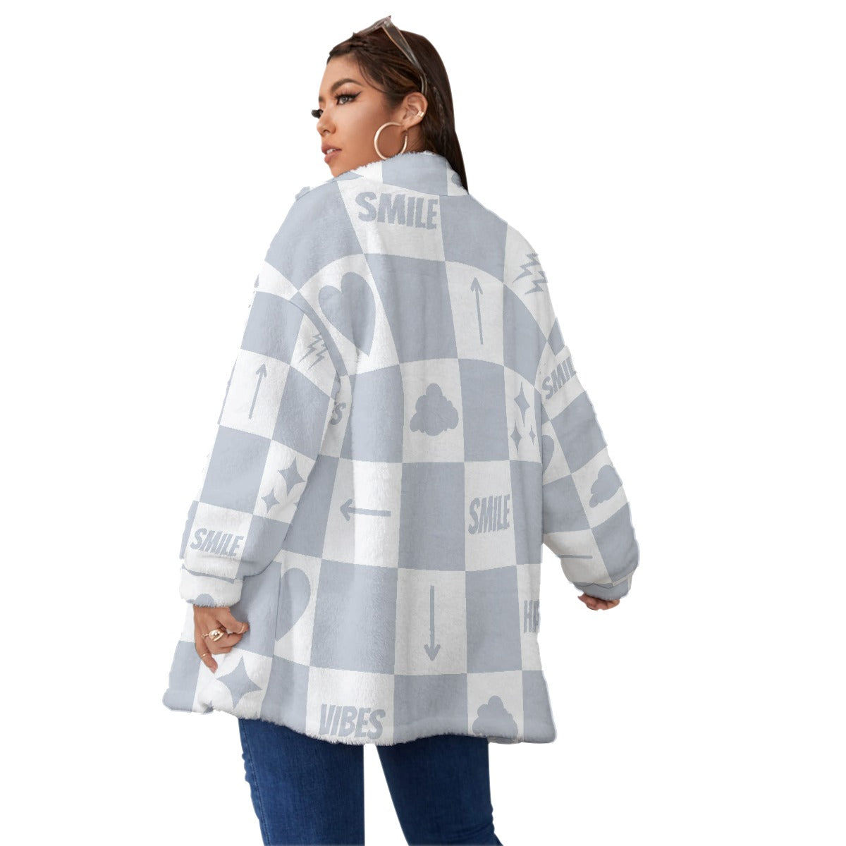All-Over Print Unisex Borg Fleece Stand-up Collar Coat With Zipper Closure(Plus Size)