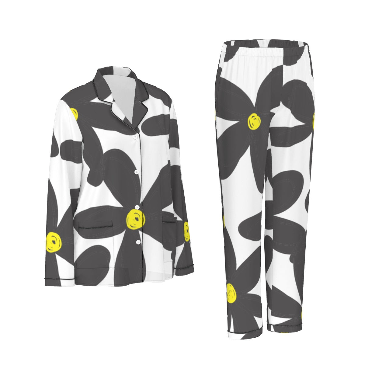 All-Over Print Women's Long Sleeve Pajama Set With Black Contrast Piping
