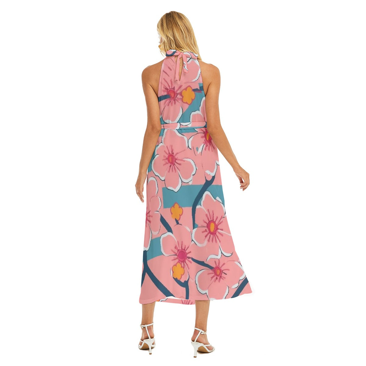 All-Over Print Women's Wrap Hem Belted Halter Dress