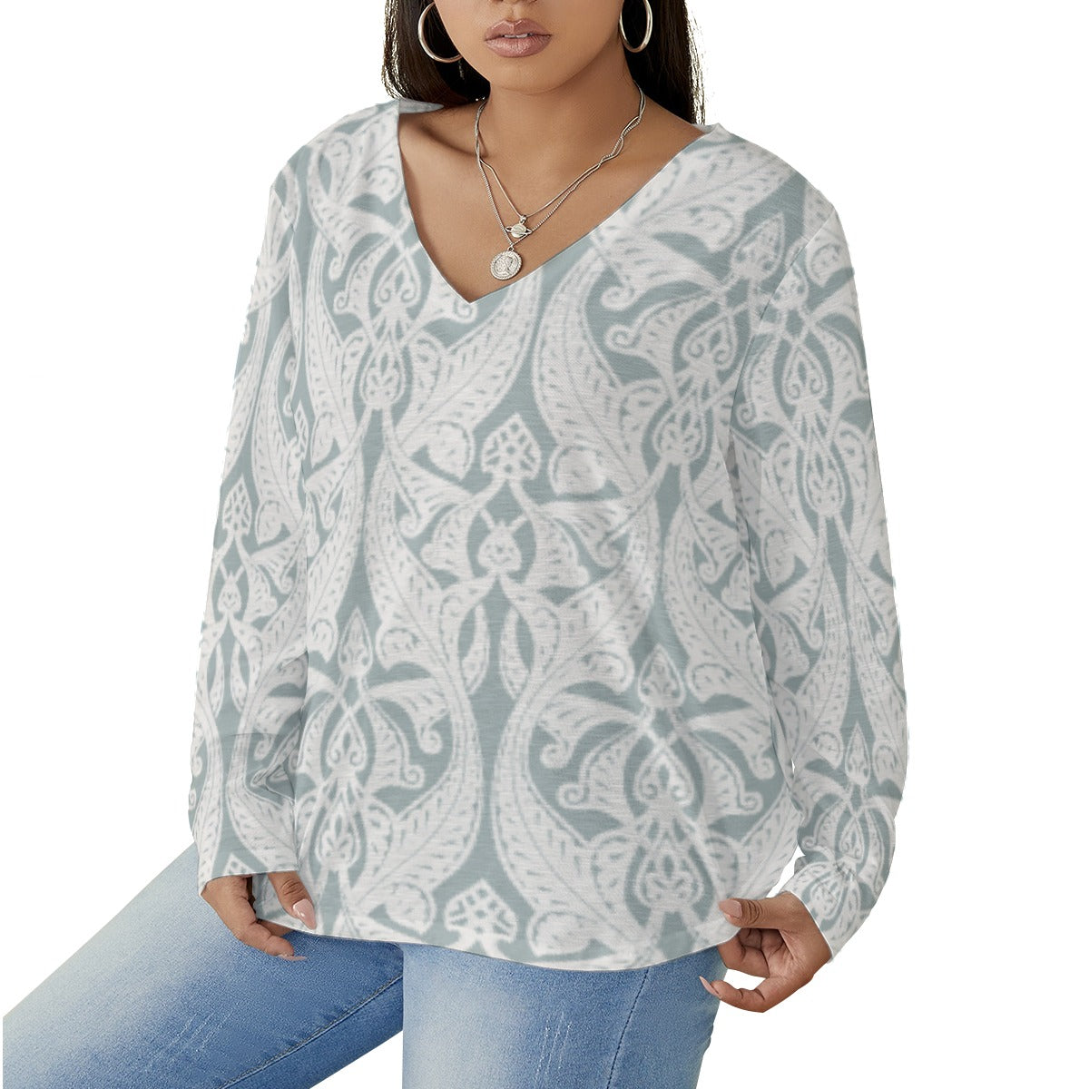 All-Over Print Women's V-neck T-shirt With Curved Hem(Plus Size)