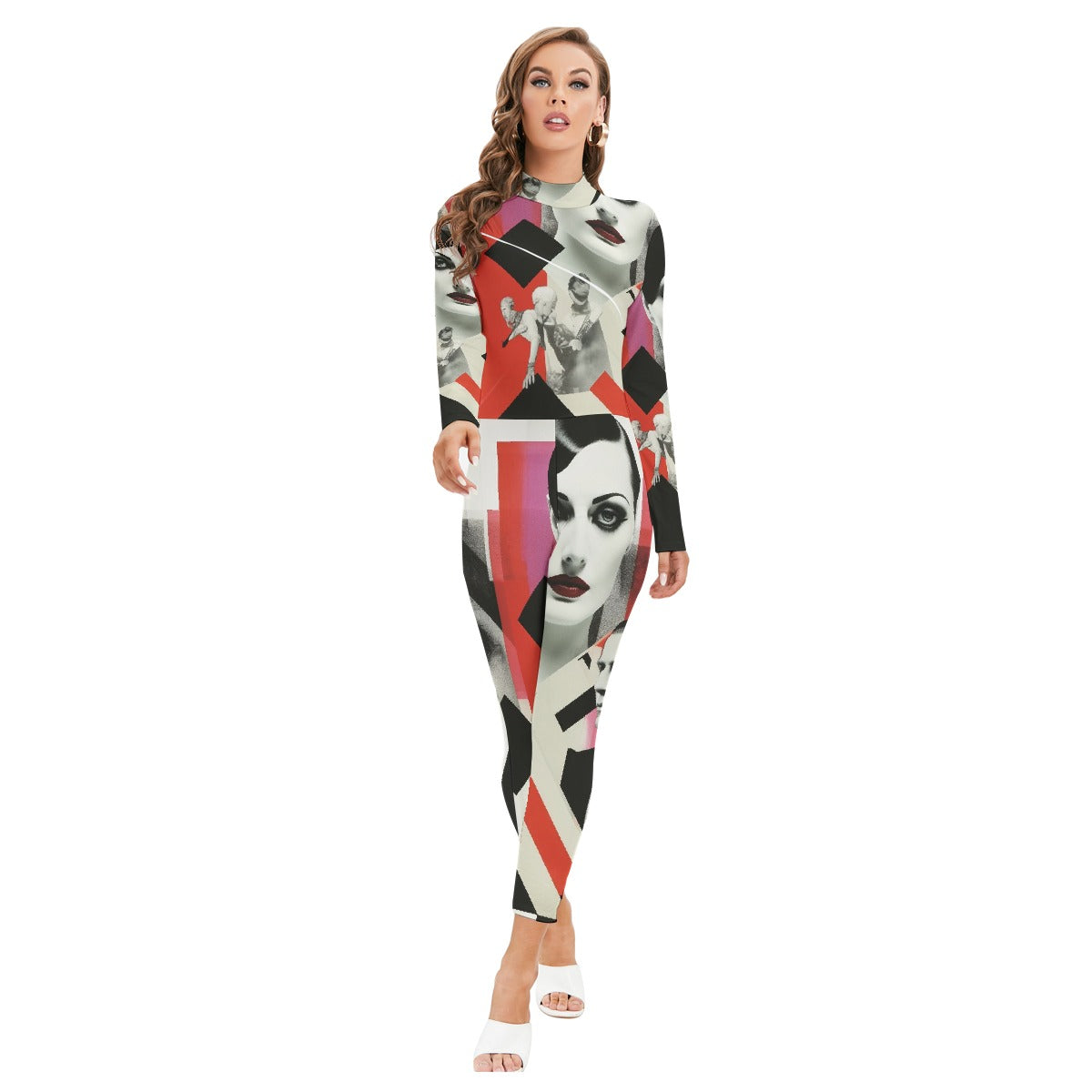 All-Over Print Women's Long-sleeved High-neck Jumpsuit With Zipper