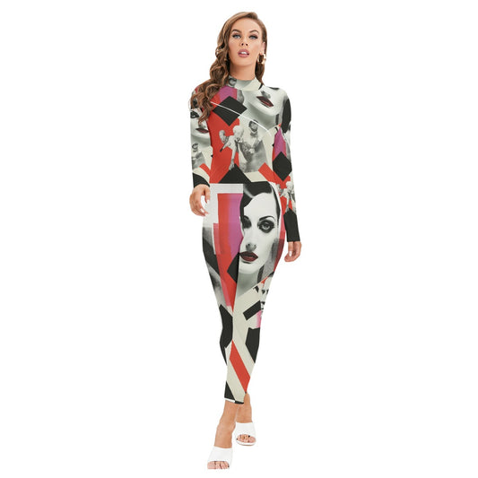 All-Over Print Women's Long-sleeved High-neck Jumpsuit With Zipper