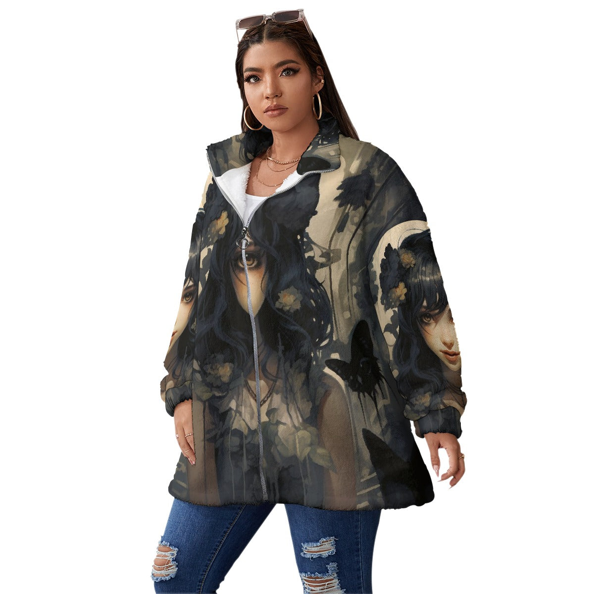 All-Over Print Unisex Borg Fleece Stand-up Collar Coat With Zipper Closure(Plus Size)
