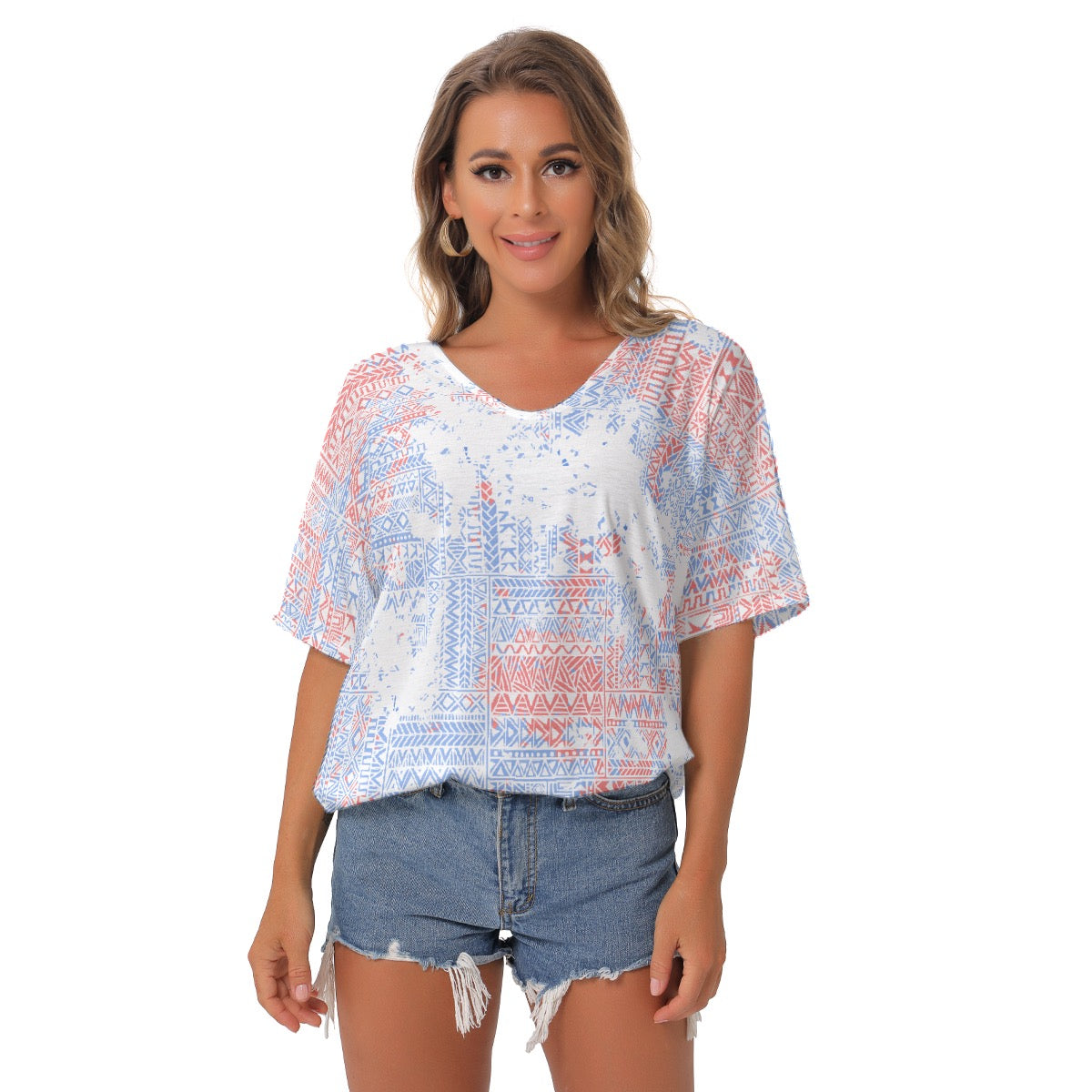 All-Over Print Women's Bat Sleeves V-Neck Blouse