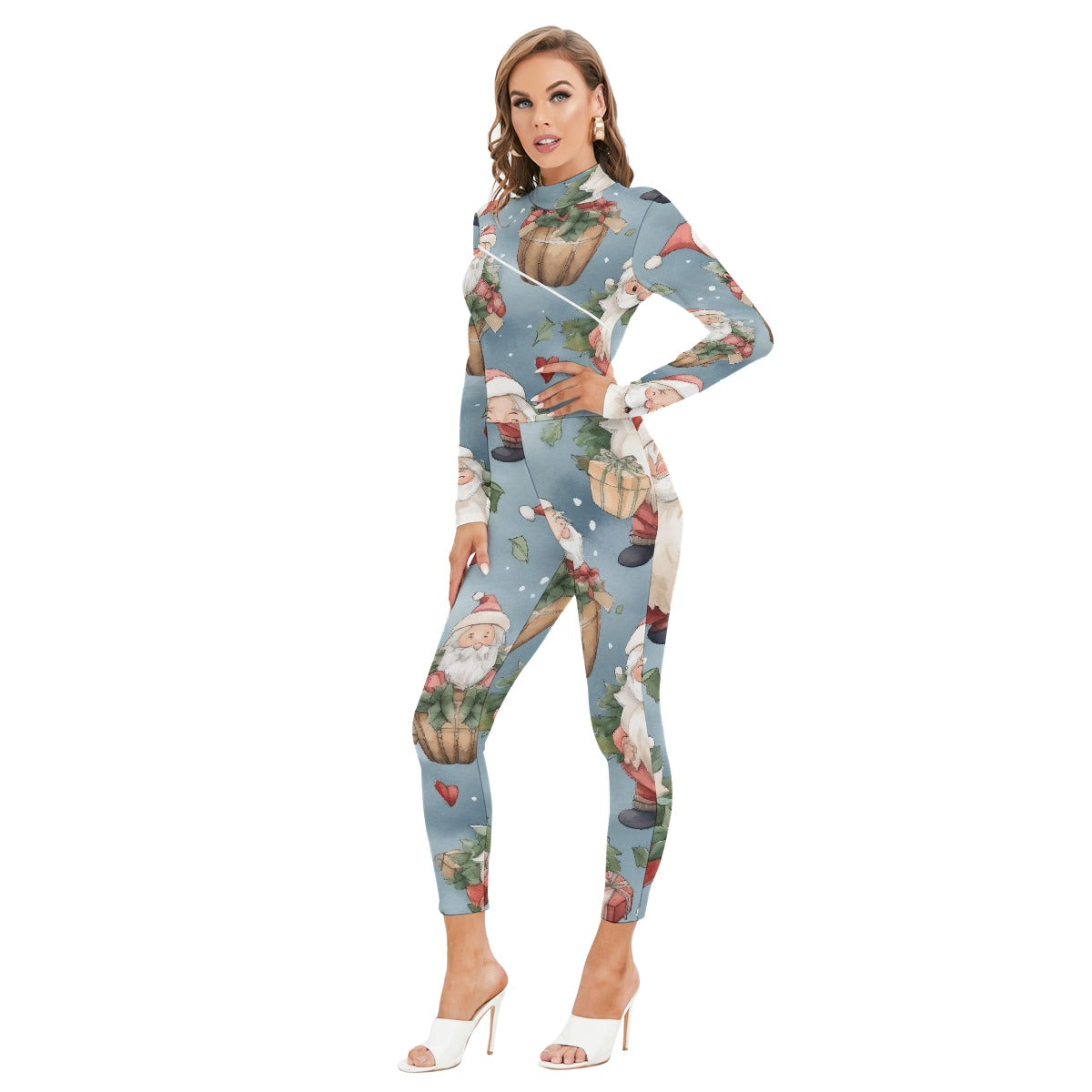 All-Over Print Women's Long-sleeved High-neck Jumpsuit With Zipper
