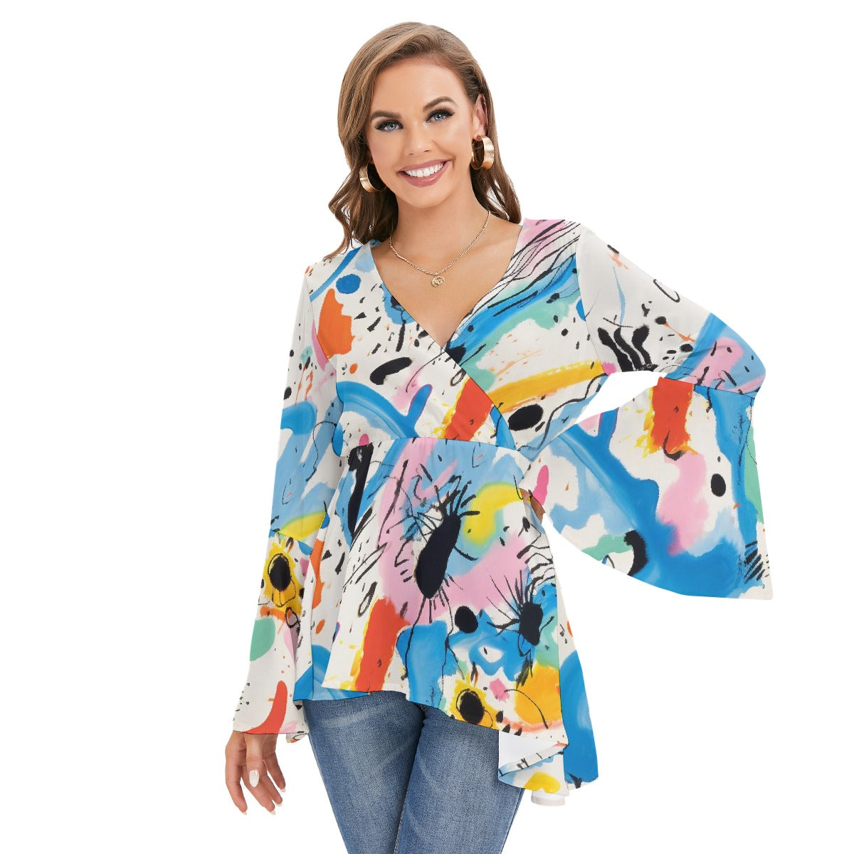 All-Over Print Women's V-neck Blouse With Flared Sleeves