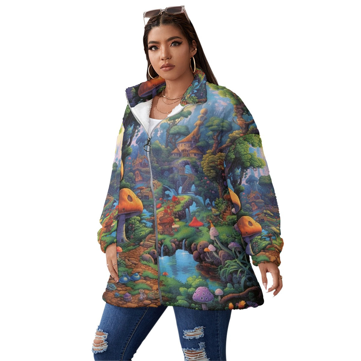 All-Over Print Unisex Borg Fleece Stand-up Collar Coat With Zipper Closure(Plus Size)