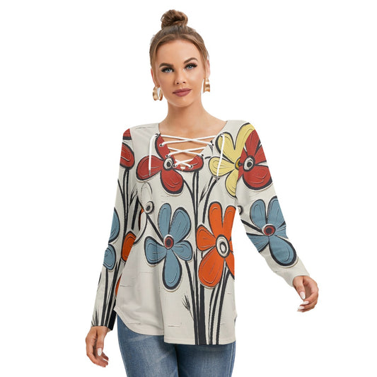 All-Over Print Women's Long Sleeve Neckline Tie Sweatshirt