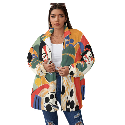 All-Over Print Unisex Borg Fleece Stand-up Collar Coat With Zipper Closure(Plus Size)