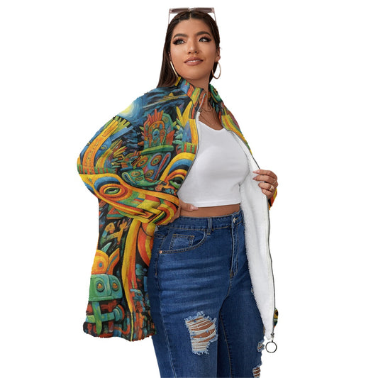 All-Over Print Unisex Borg Fleece Stand-up Collar Coat With Zipper Closure(Plus Size)