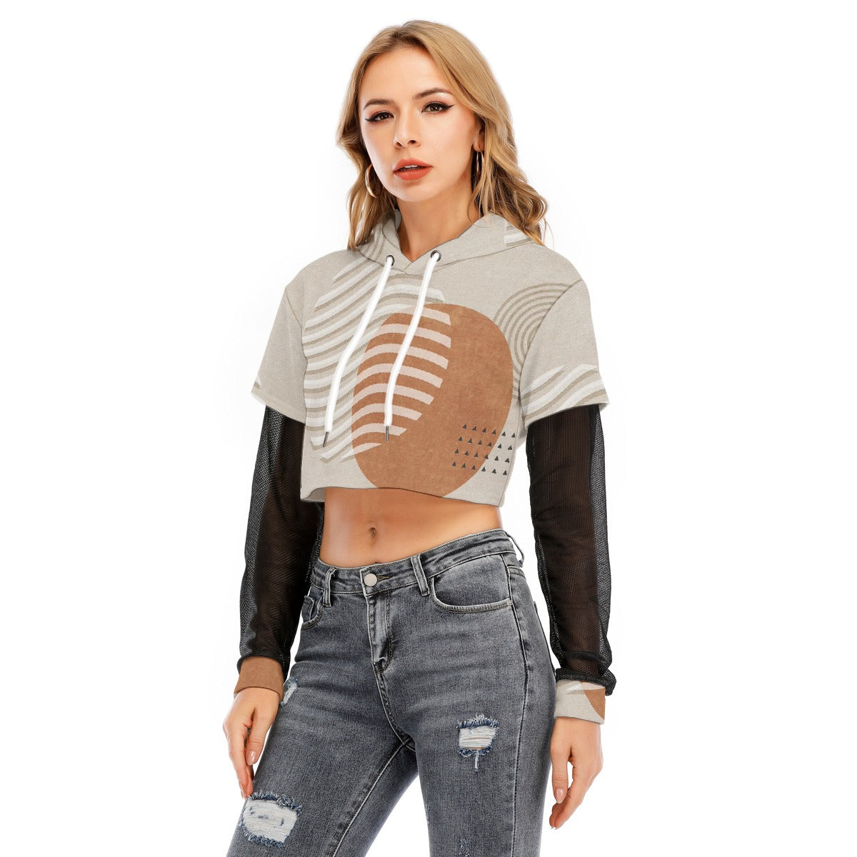 All-Over Print Women's Fake Two-piece Mesh Sleeve Cropped Hoodie