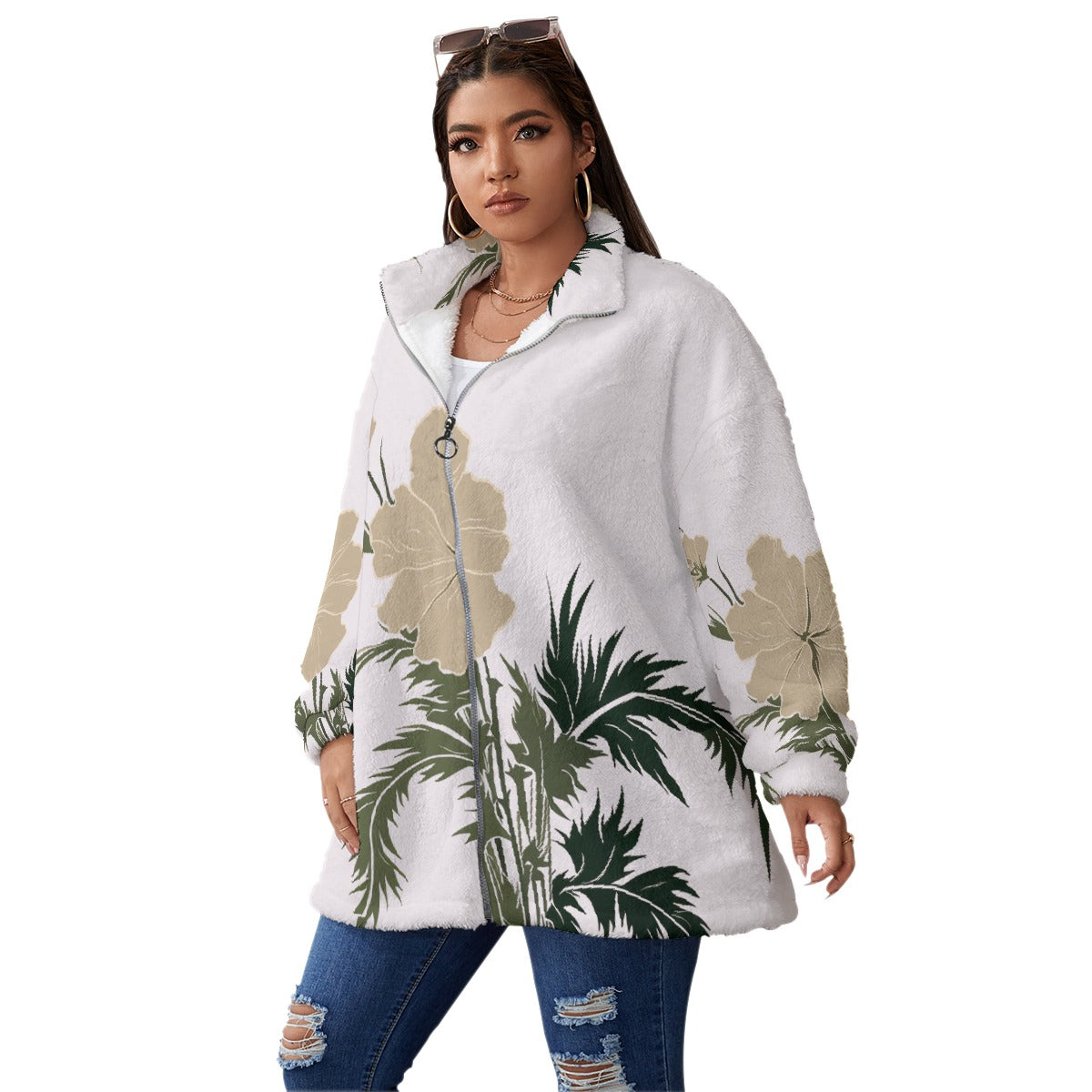All-Over Print Unisex Borg Fleece Stand-up Collar Coat With Zipper Closure(Plus Size)