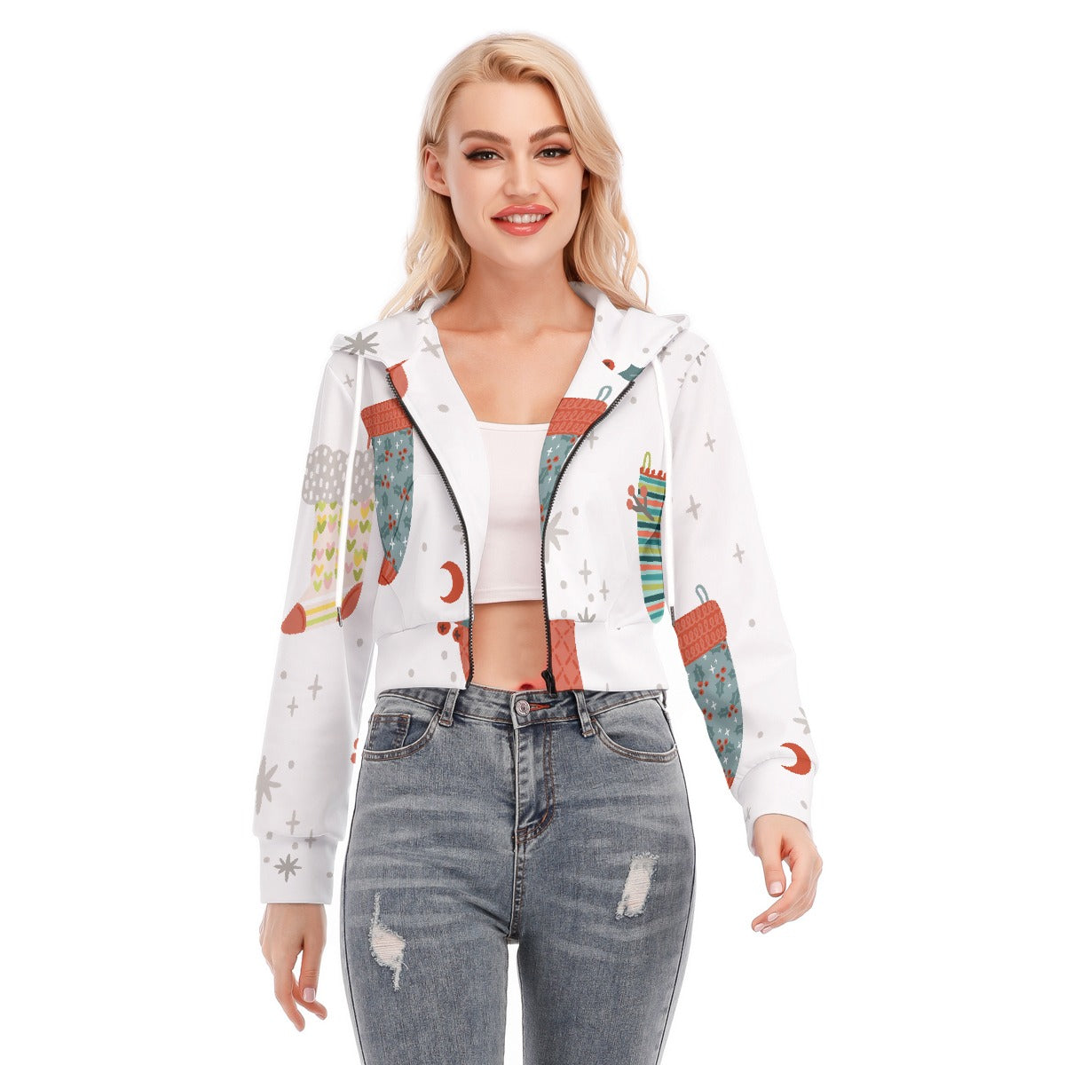 All-Over Print Women's Crop Top Hoodie With Zipper Closure