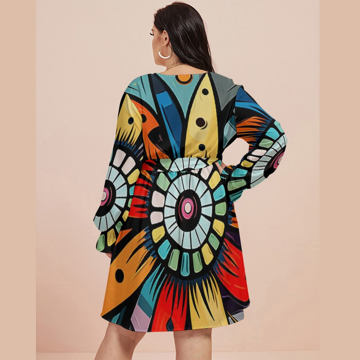 All-Over Print Women's V-neck Dress With Waistband(Plus Size)